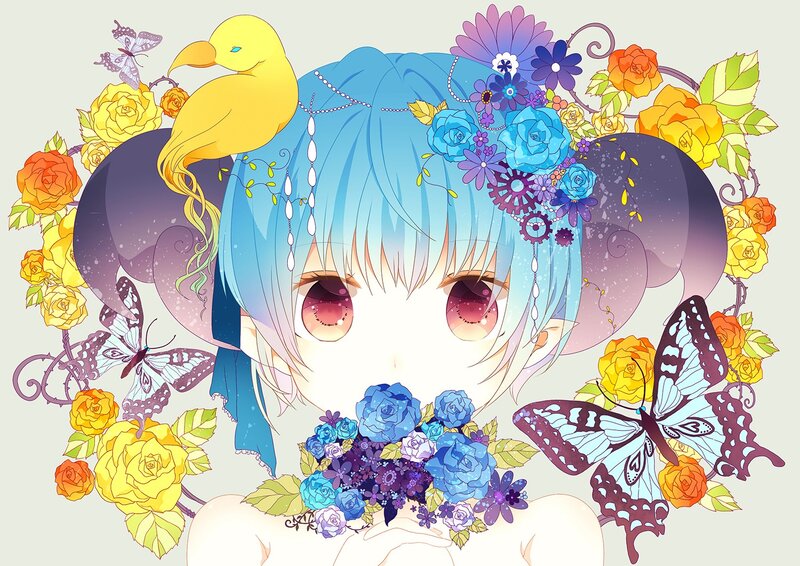 Blue-haired Girl with Flowers — Blue, Whimsical