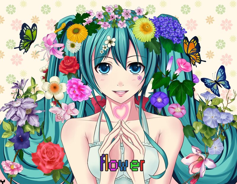 Blue-haired Girl with Flowers — Cyan, Cheerful