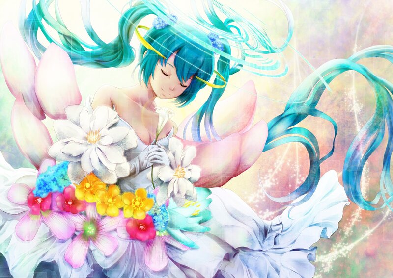 Blue-haired Girl with Flowers — Cyan, Serene