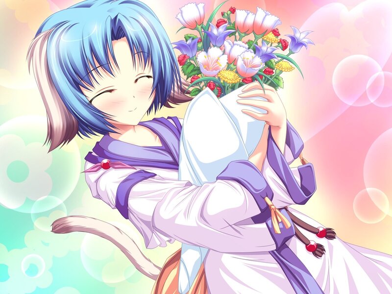 Blue-haired Girl with Flowers — Purple, Cheerful, Anime