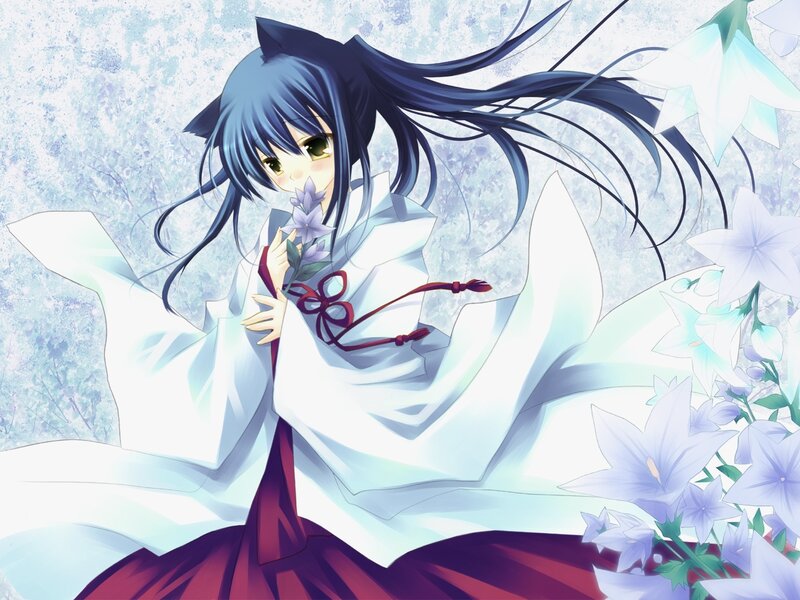 Blue-haired Girl with Flowers — White, Serene