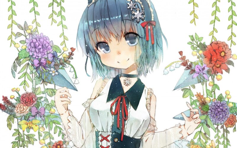 Blue-haired Girl with Flowers — White