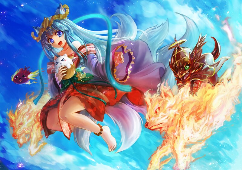 Blue-haired Girl with Foxes — Blue