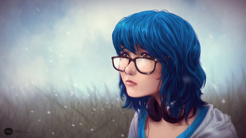 blue-haired girl with glasses