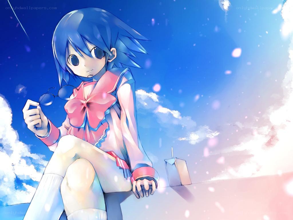 blue-haired girl with glasses