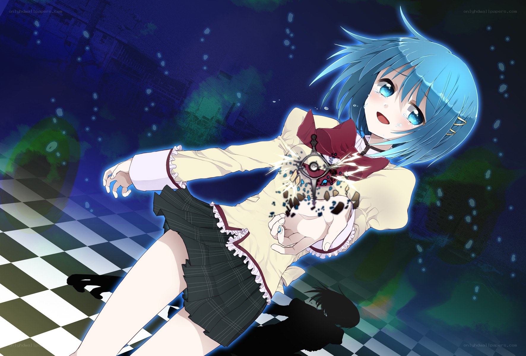 blue-haired girl with glowing device
