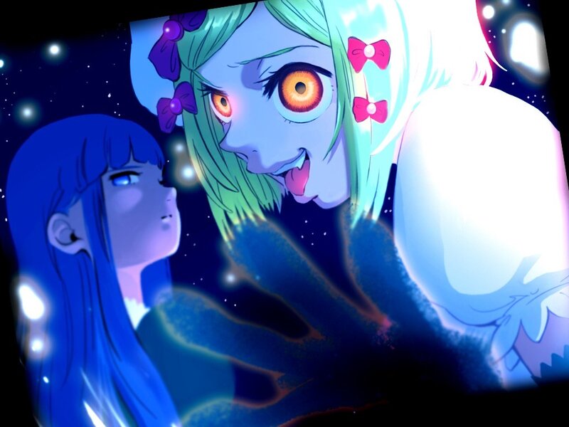 Blue-haired girl with glowing eyes