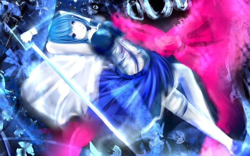 Blue-haired girl with glowing sword