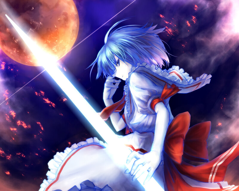 Blue-haired girl with glowing sword