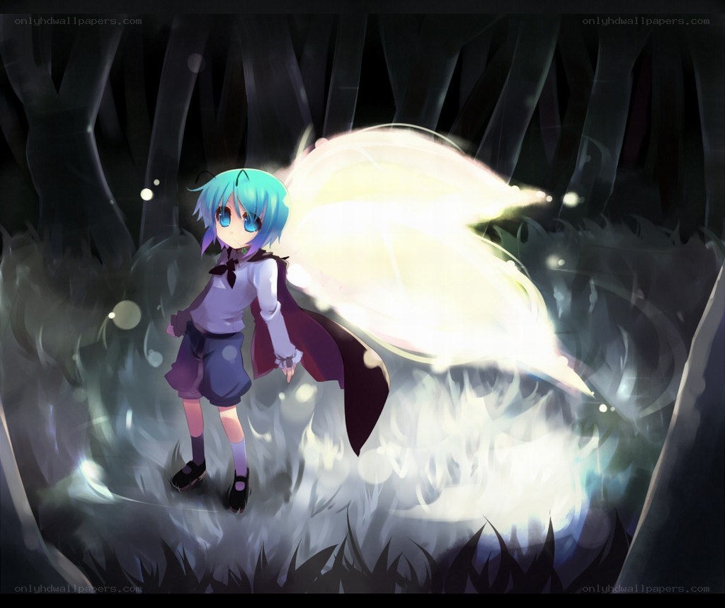 blue-haired girl with glowing wings
