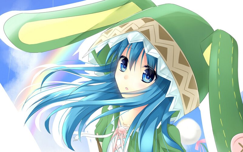 blue-haired girl with green hat