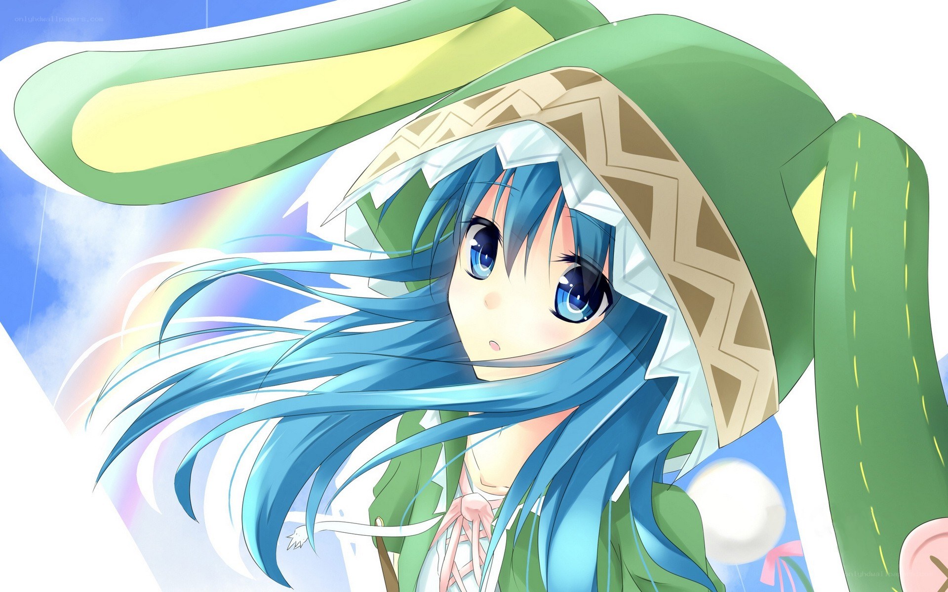 blue-haired girl with green hat
