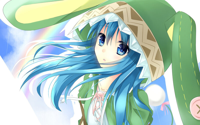 blue-haired girl with green hat
