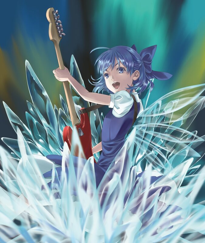blue-haired girl with guitar