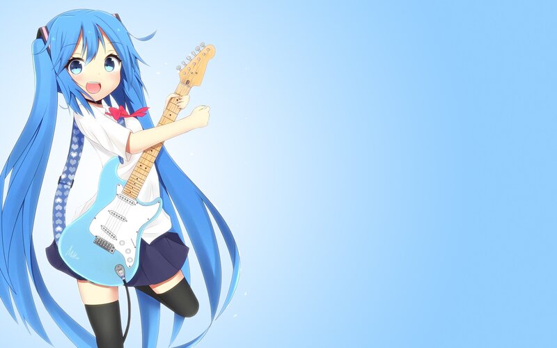 Blue-haired Girl with Guitar — Blue, Cheerful, Anime