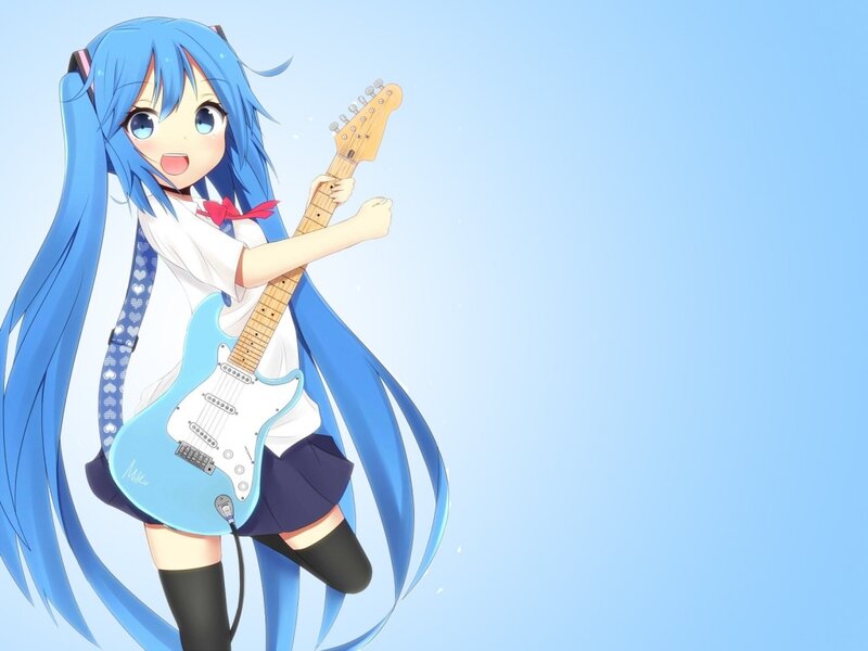 Blue-haired Girl with Guitar — Blue, Cheerful