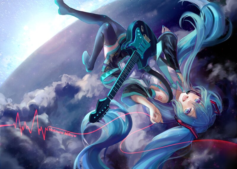 Blue-haired Girl with Guitar — Blue, Dramatic, Digital Art