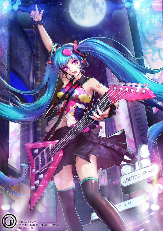 Blue-haired Girl with Guitar — Blue, Energetic, Night