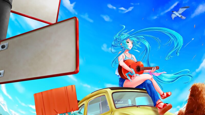 Blue-haired Girl with Guitar — Blue, Serene, Afternoon, Anime