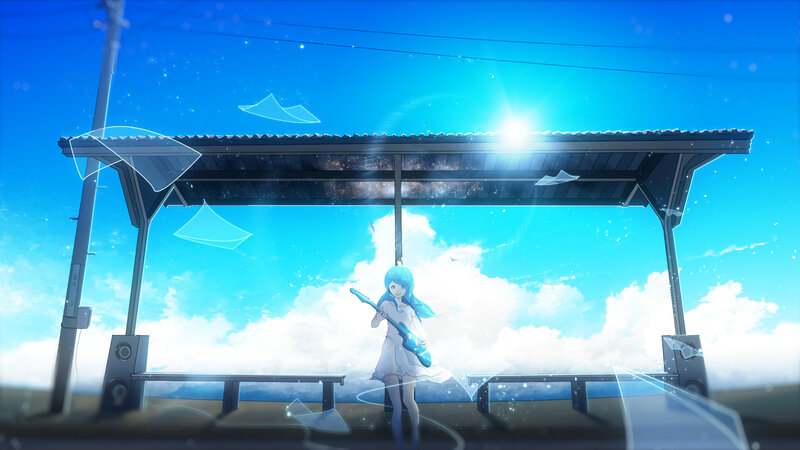 Blue-haired Girl with Guitar — Blue, Serene, Afternoon, Digital Art