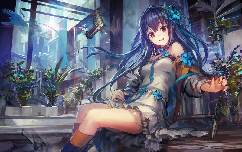 Blue-haired Girl with Gun — Blue, Dramatic, Digital Art, Flowers