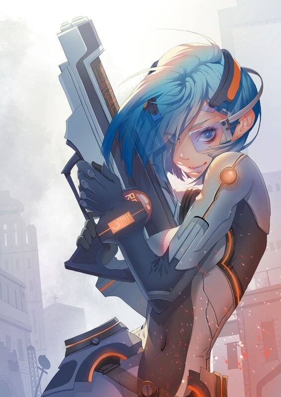 Blue-haired Girl with Gun — Blue, Dramatic, Digital Art