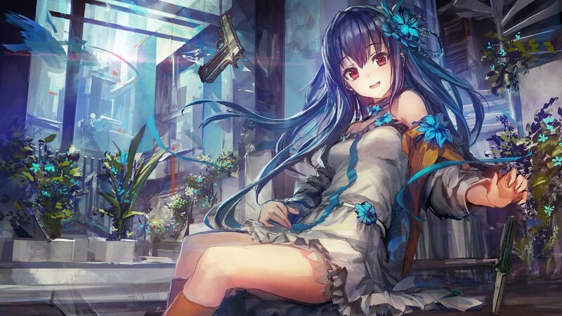 Blue-haired Girl with Gun — Blue, Dramatic, Night, Digital Art