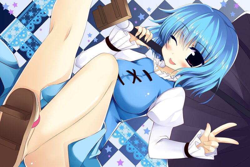 blue-haired girl with hammer