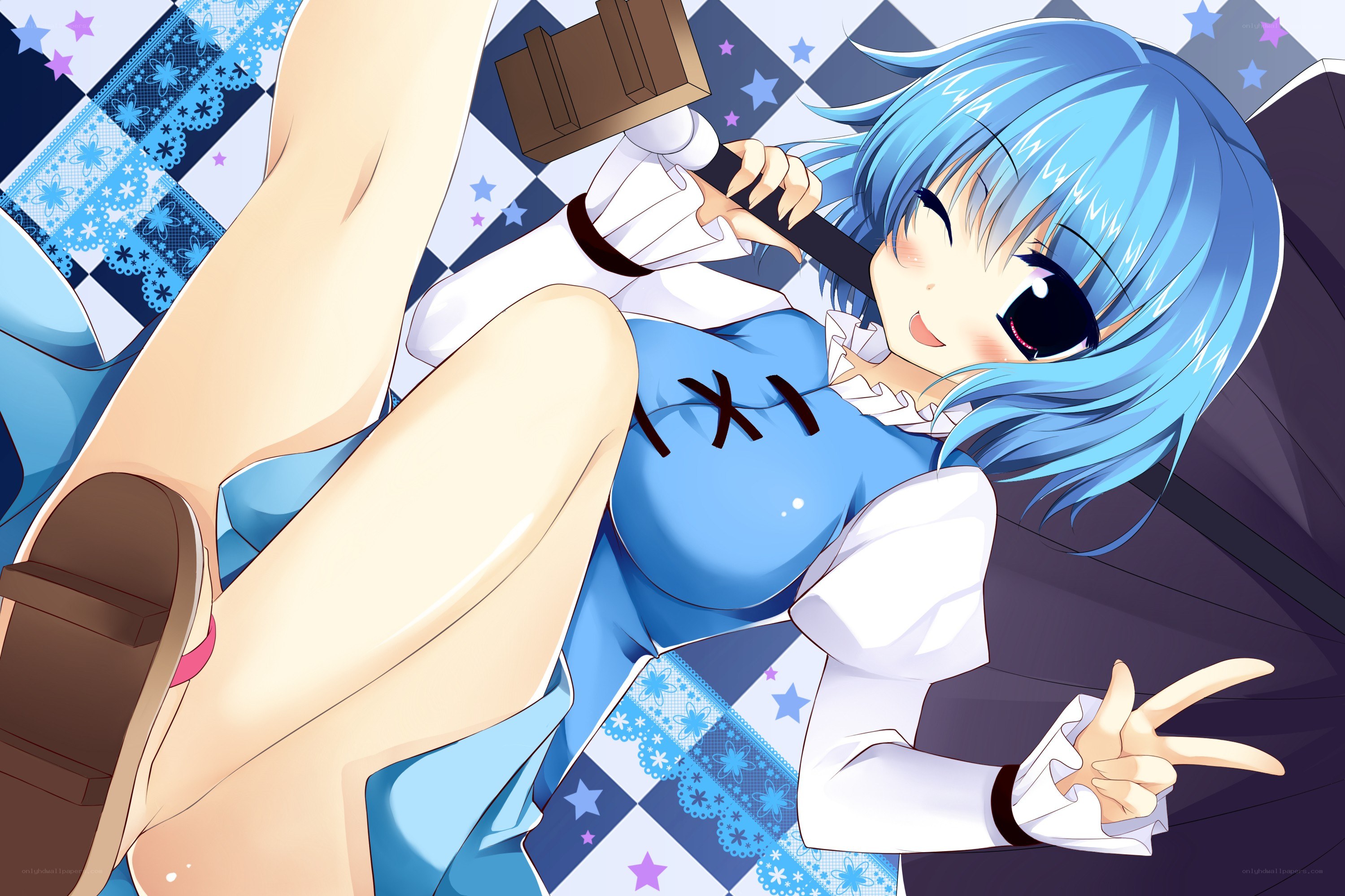 blue-haired girl with hammer