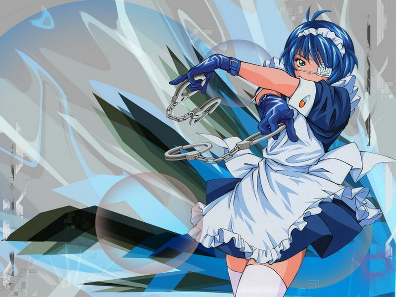 blue-haired girl with handcuffs
