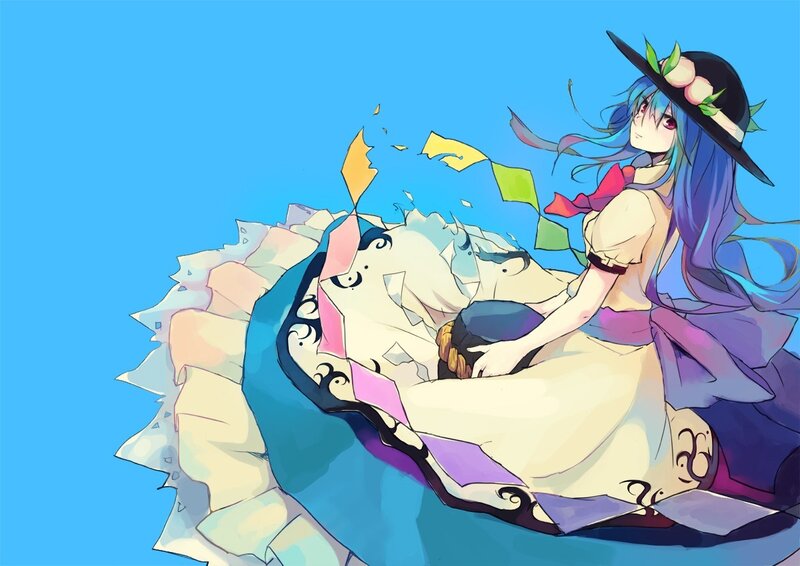 blue-haired girl with hat