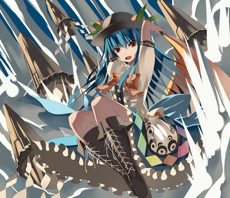 blue-haired girl with hat and sword