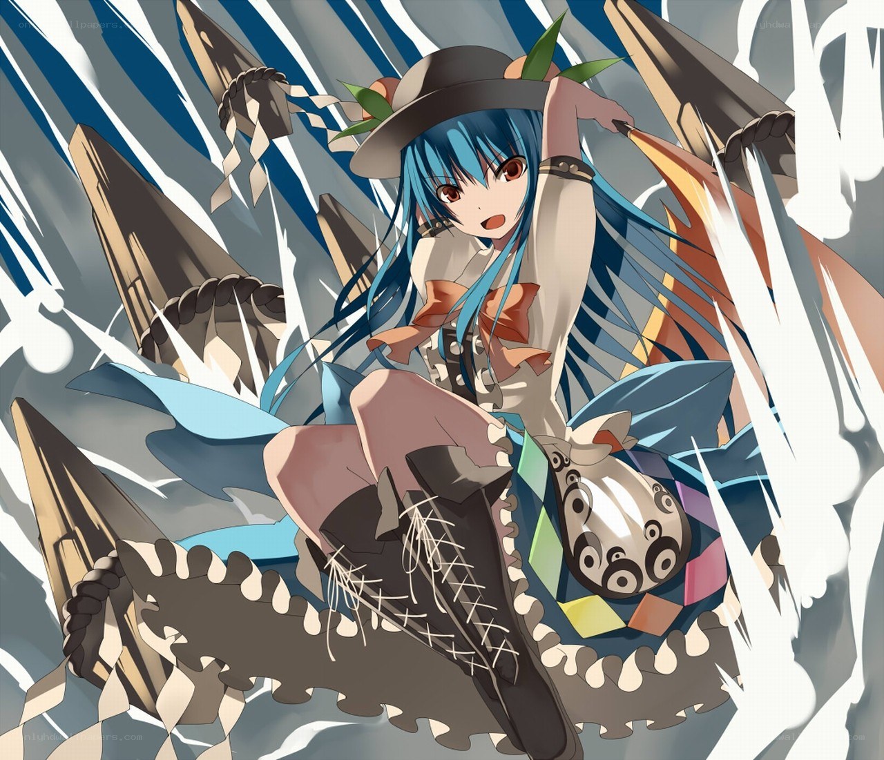 blue-haired girl with hat and sword