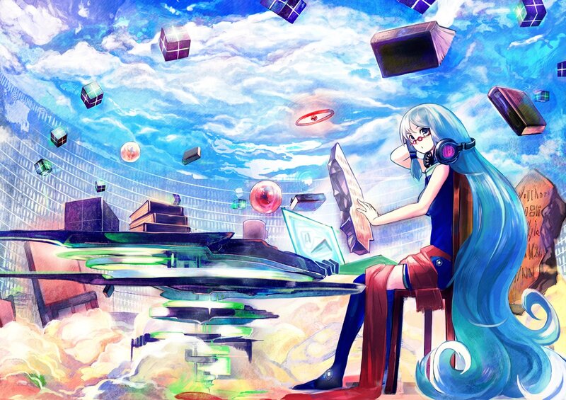 blue-haired girl with headphones