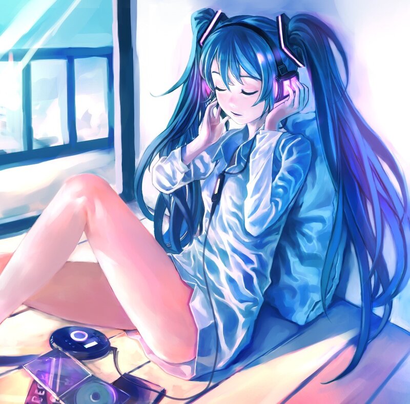 Blue-haired Girl with Headphones — Blue, Calm, Afternoon