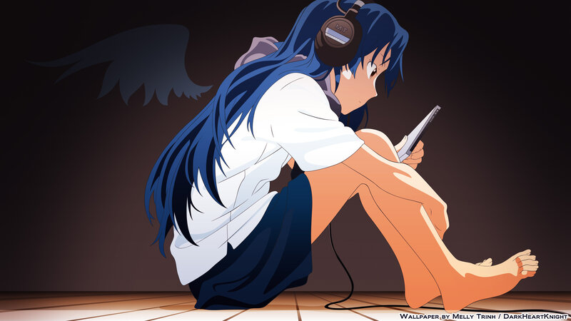 Blue-haired Girl with Headphones — Blue, Contemplative