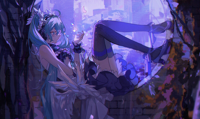 Blue-haired Girl with Headphones — Purple, Dreamy
