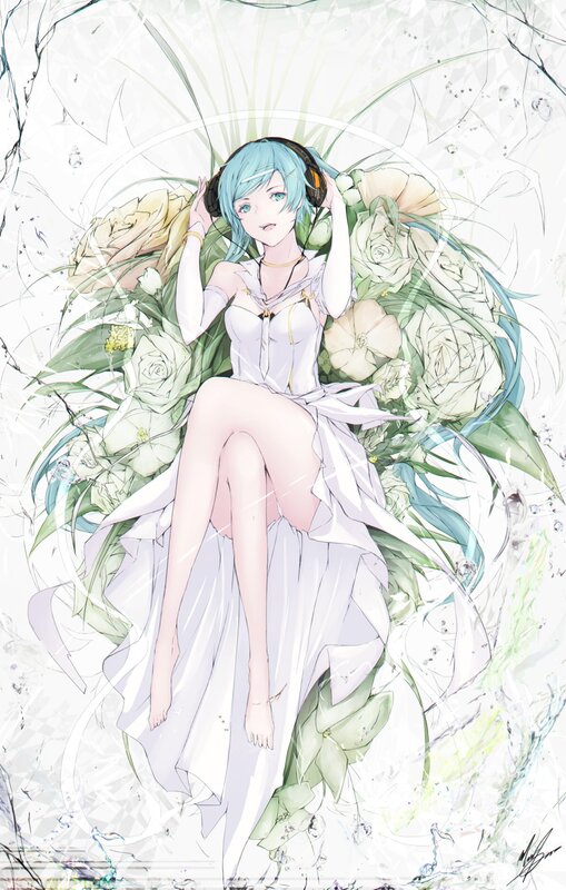 Blue-haired Girl with Headphones — White