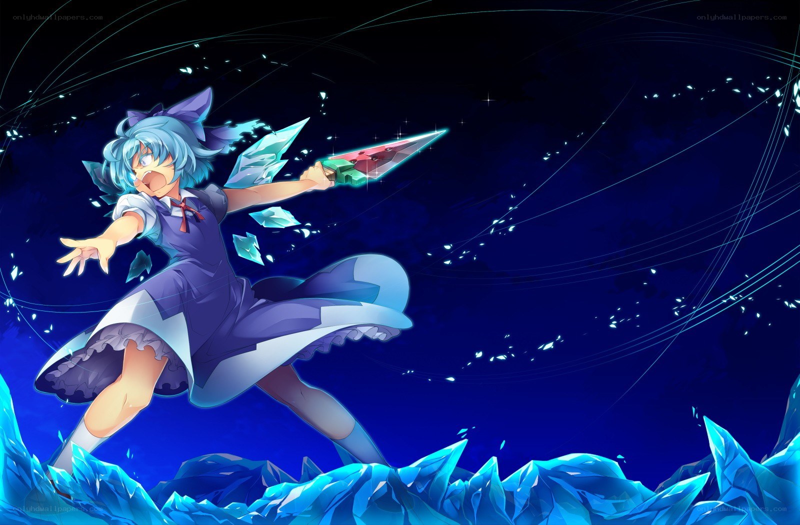 Blue-haired girl with ice weapon