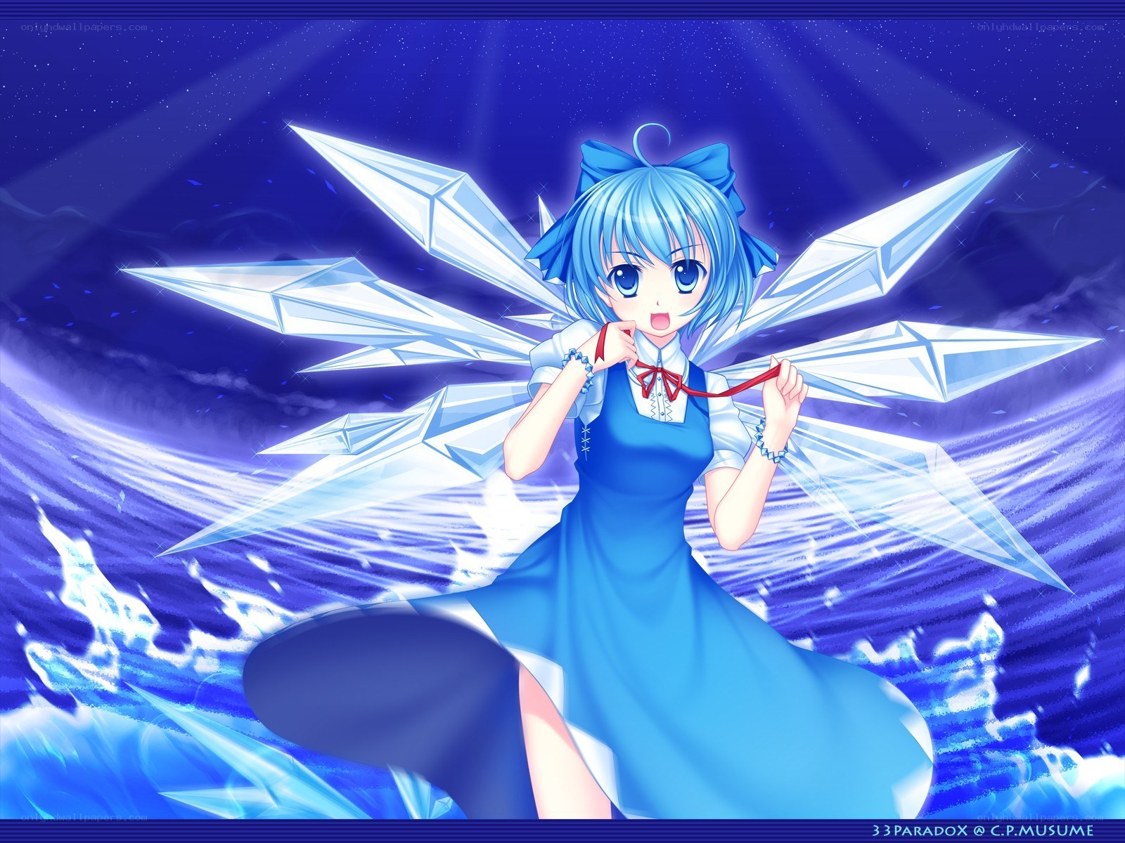 Blue-haired girl with ice wings