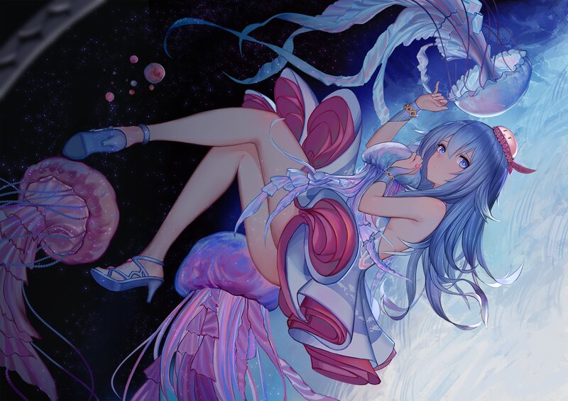 Blue-haired Girl with Jellyfish — Blue, Serene, Night, Digital Art