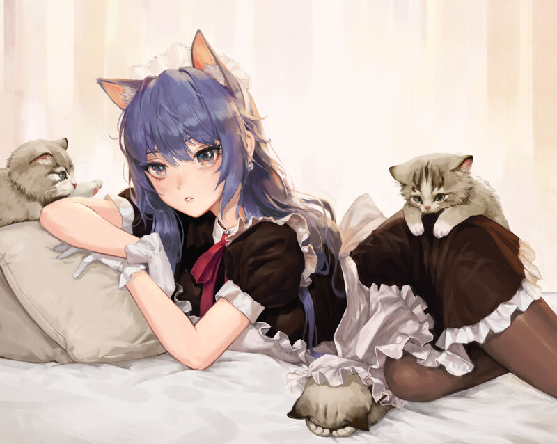 Blue-haired Girl with Kittens
