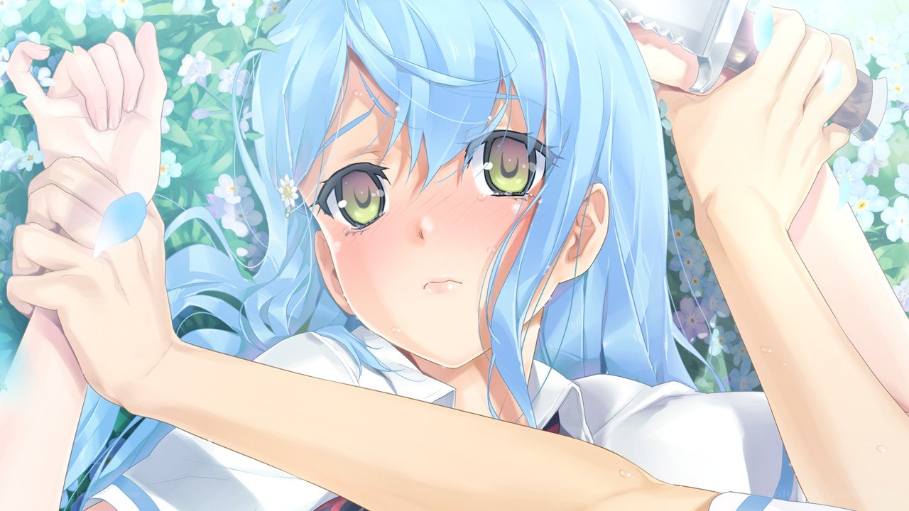 Blue-haired girl with knife