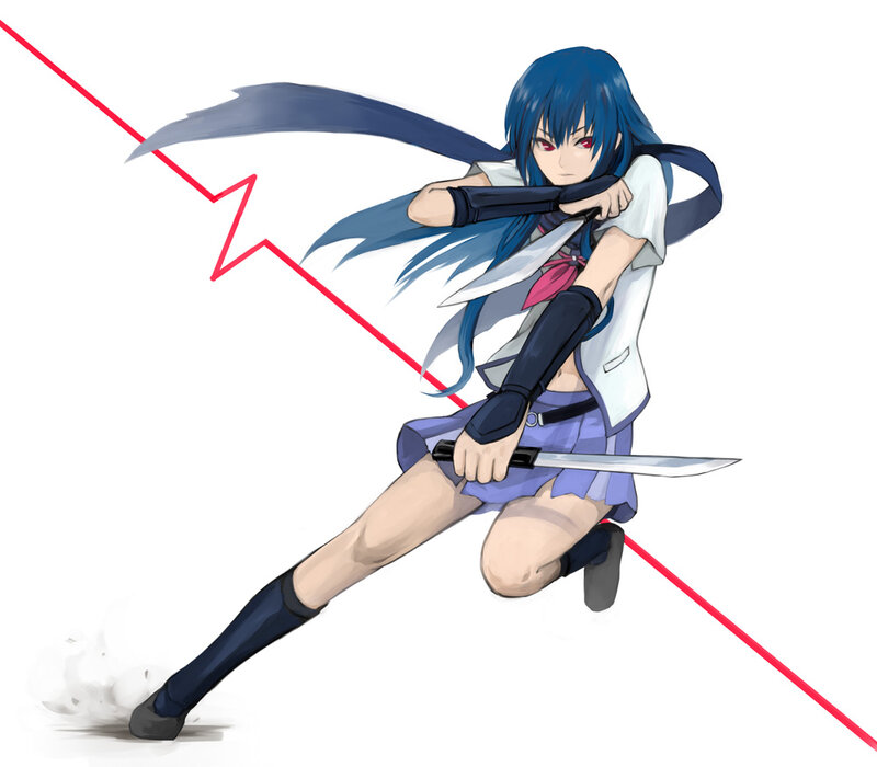 Blue-haired girl with knives