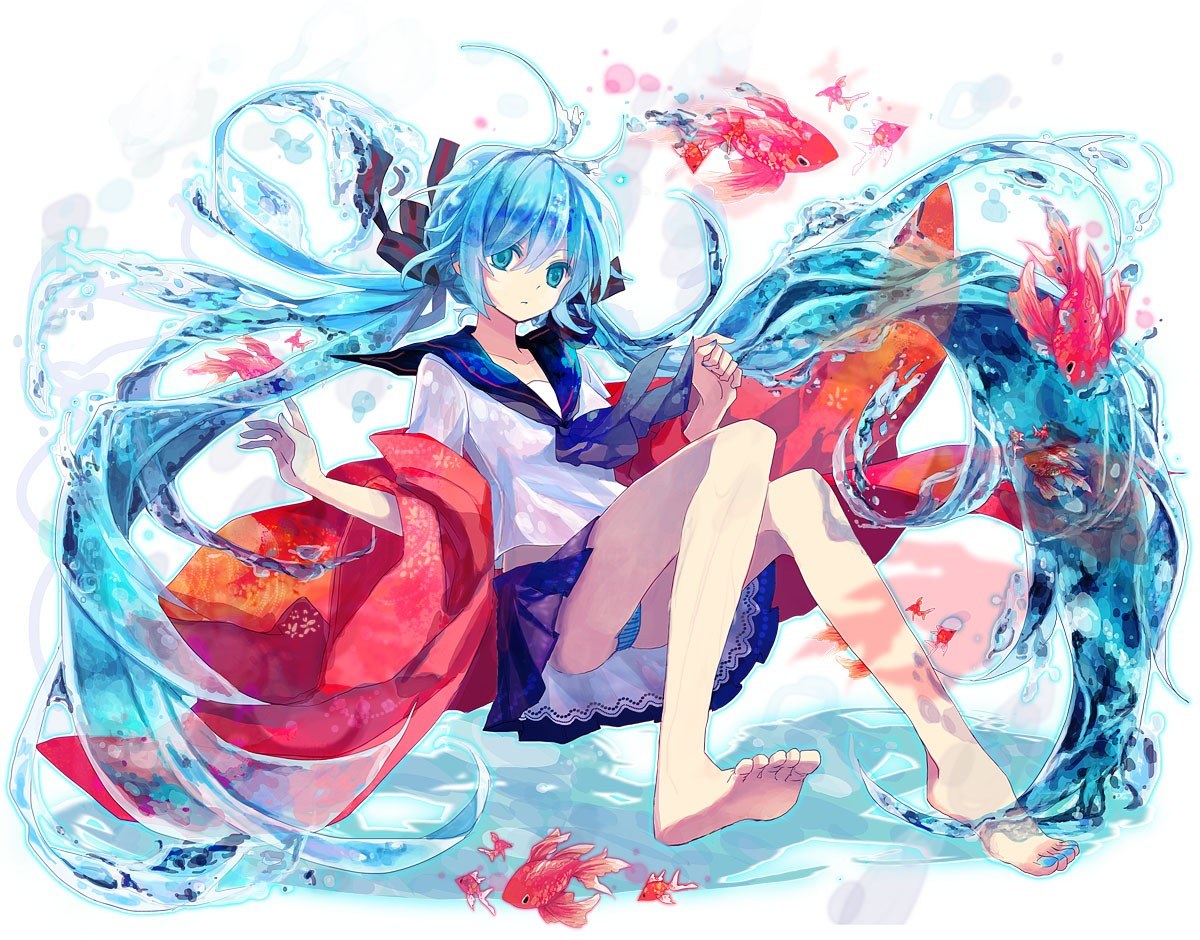 blue-haired girl with koi fish