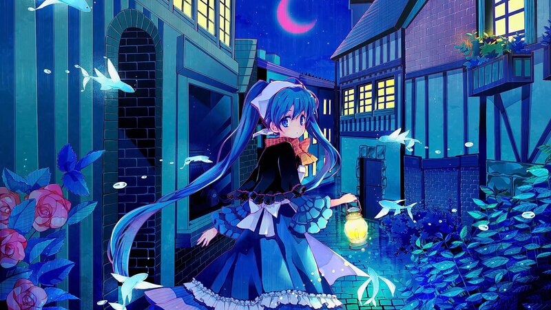 Blue-haired Girl with Lantern — Blue, Serene, Night, Anime, Fish, Crescent Moon