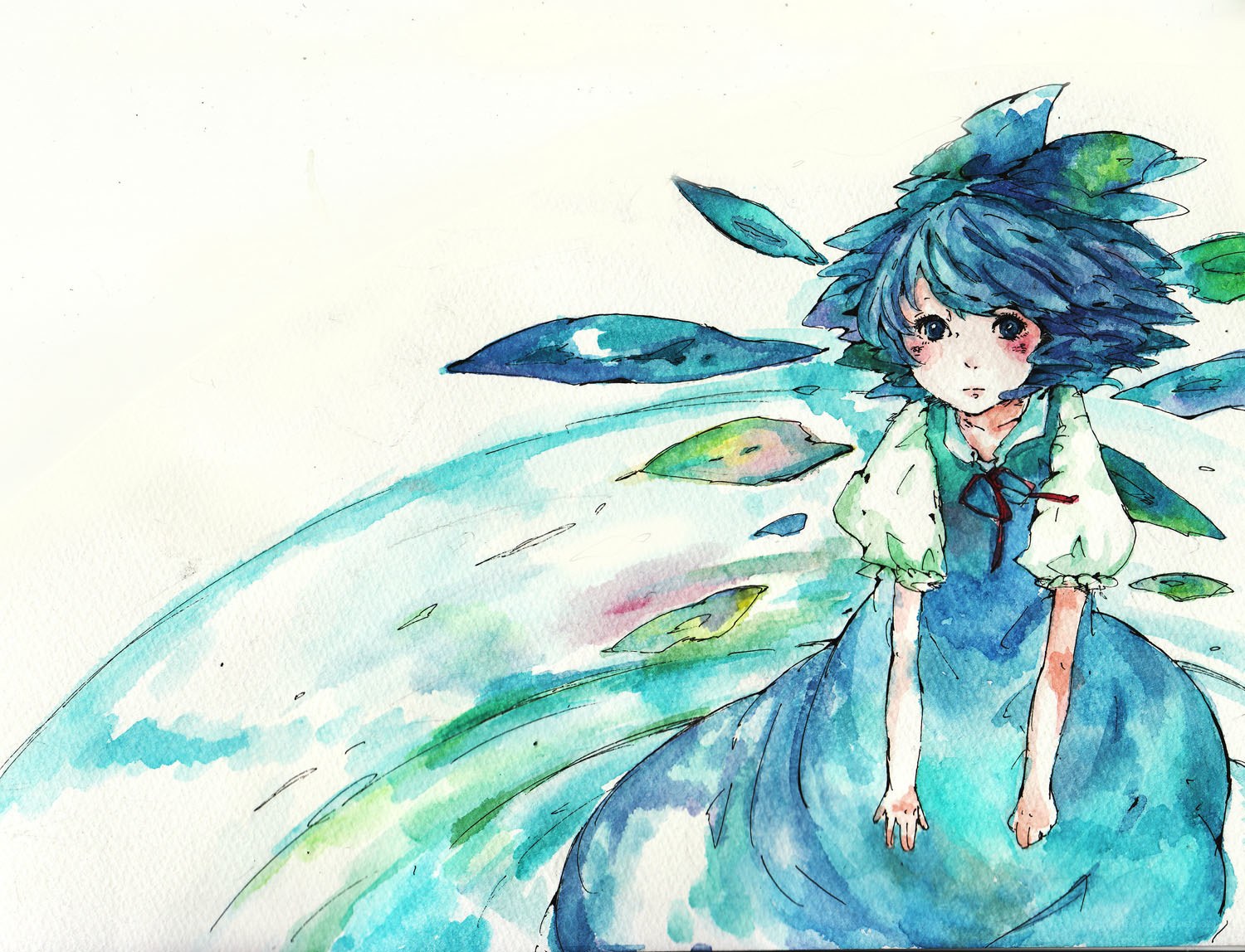 blue-haired girl with leaves