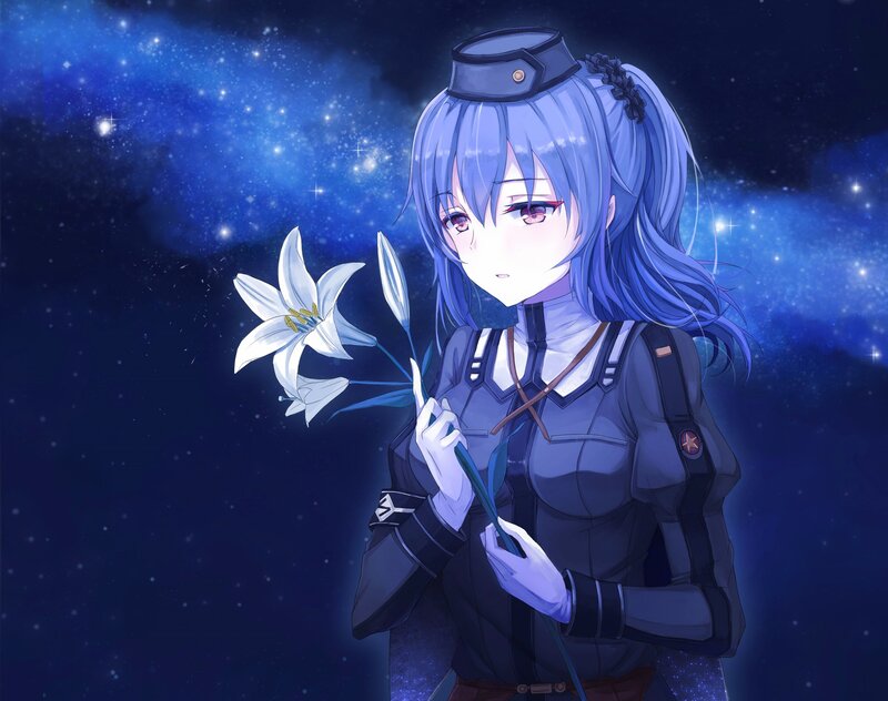 Blue-haired Girl with Lilies