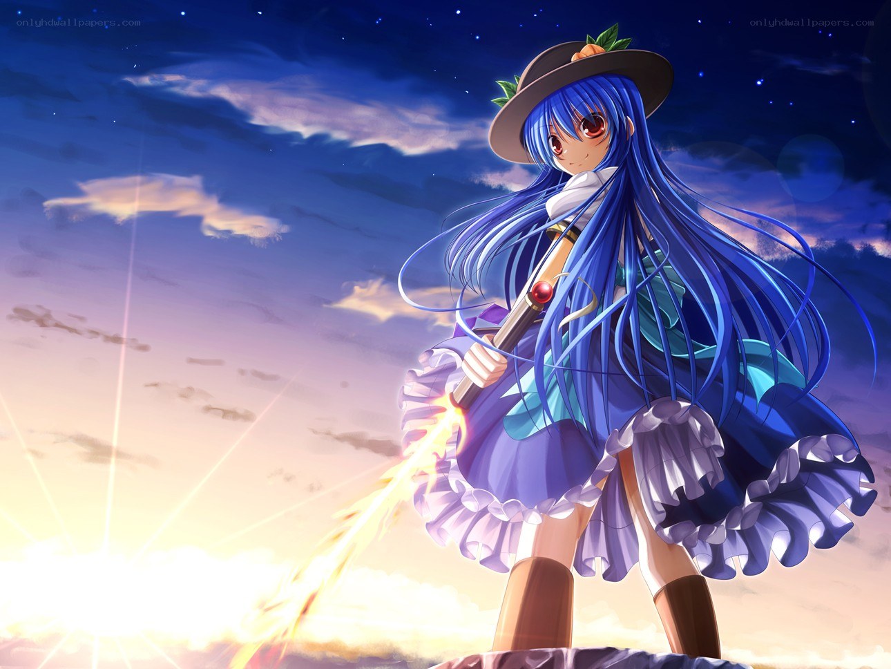 Blue-haired girl with magic staff