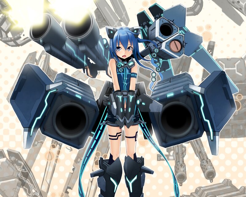 blue-haired girl with mecha weapons
